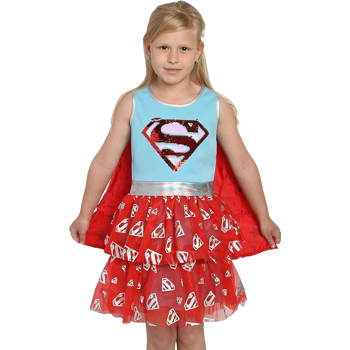 DC Comics Costume Dress Sequin Cape Girls Choice: Supergirl or Batgirl