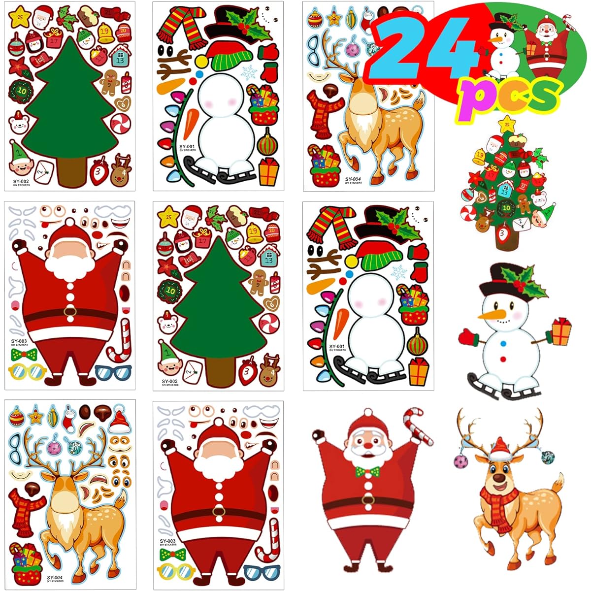 24pcs Christmas Stickers for Kids, Make Your Own Stickers, Christmas Party, Game Stickers, Crafts, DIY Stickers, Face Stickers, Kids Party, Christmas, Holiday Stickers