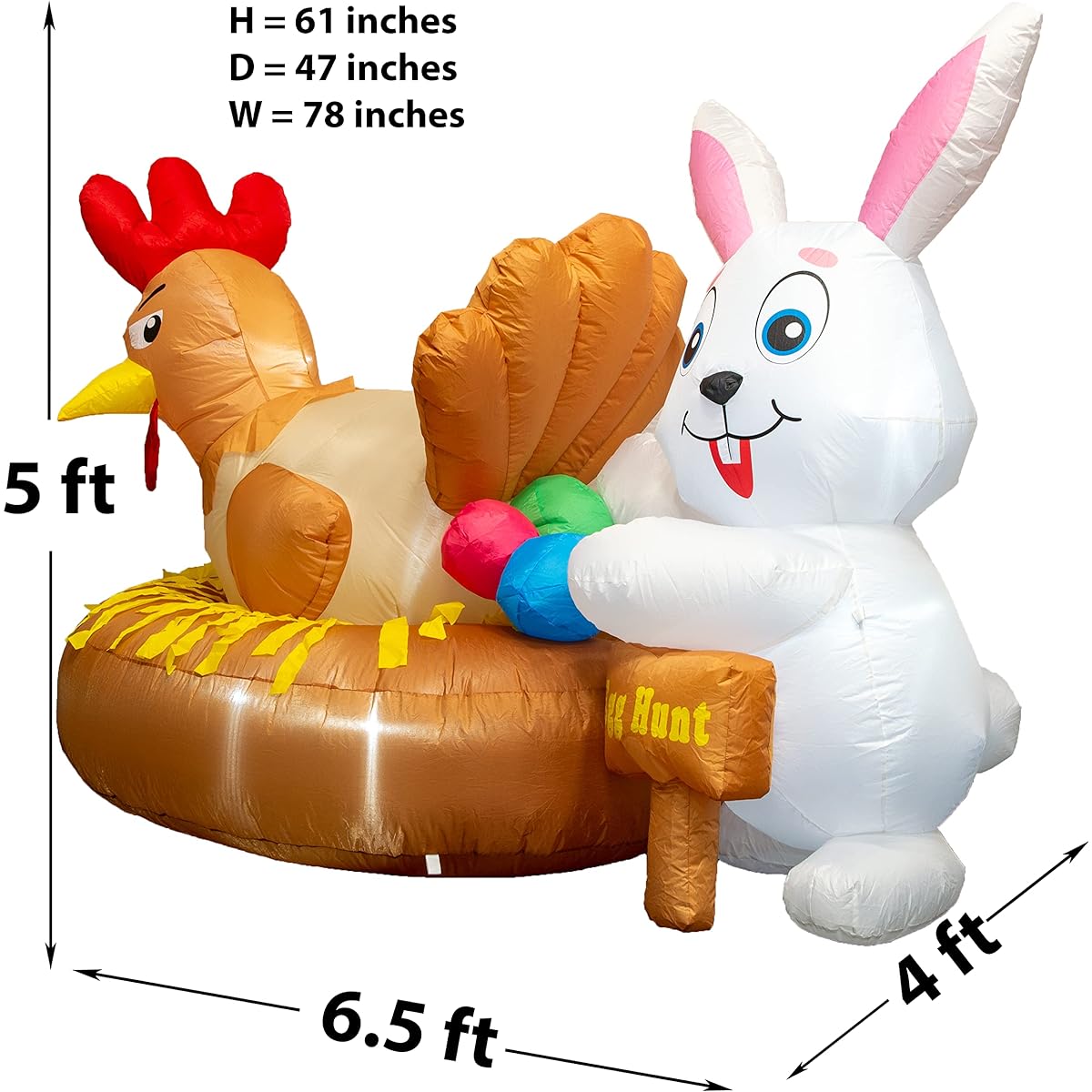 PRODUCTZ 6ft Easter Inflatable Outdoor Decorations Hen(Chicken) & Bunny Egg Hunt Funny/Indoor/Home/Garden Decor with LED Lights and Free Storage Bag