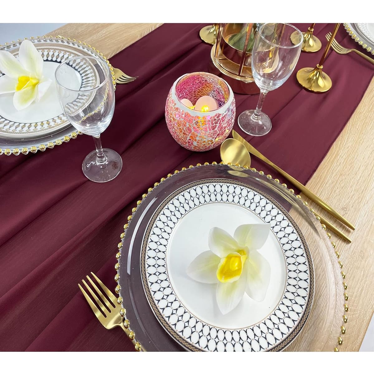 EH Linen 13ft Chiffon Table Runner 27x156 Inch Romantic Sheer Wedding Table Runner Top Table Bridal Party Decorations (Burgundy)