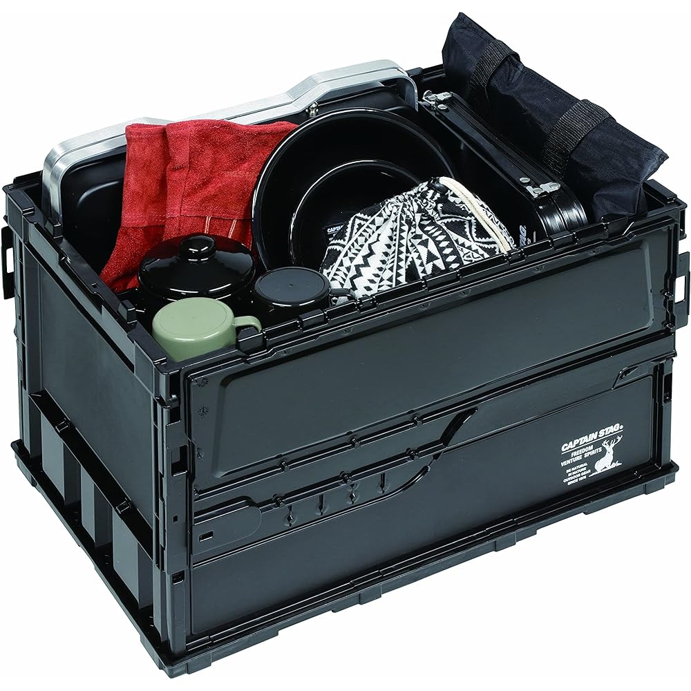 CAPTAIN STAG Oricon Folding Container FD Container with Lock Lid [Capacity 20L/51.3L] Made in Japan Black CS Black Label UL-1074/UL-1075