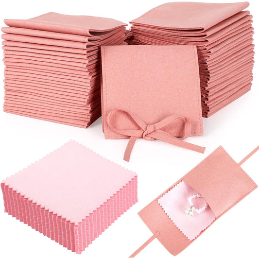 120pcs Microfiber Jewelry Pouches 8 x 8cm Jewelry Packaging Bags Gift Bow Tie Bracelet Envelope Style with Jewelry Cleaning Cloth for Earrings/Necklace Packaging (Pink)