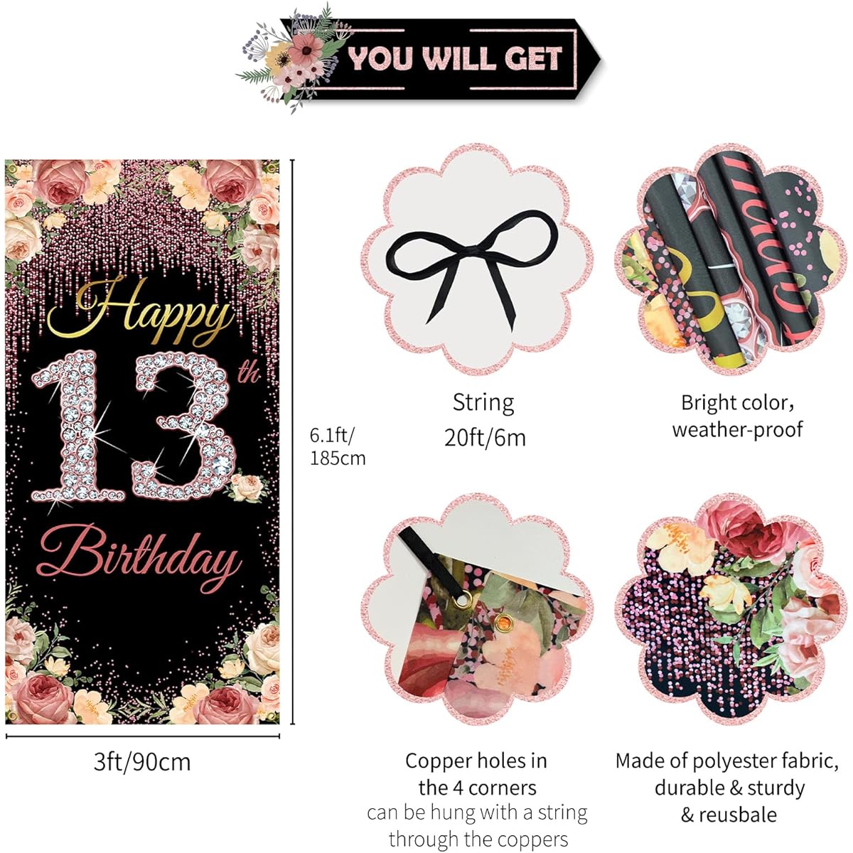Vicycaty 13th Birthday Door Backdrop Banner Happy 13th Birthday Decorations for Girls Rose Gold 13th Birthday Party Yard Sign Photo Booth Props Decor Supplies Sturdy Fabric