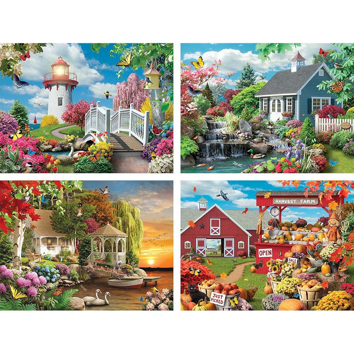 Bits and Pieces - 300 Piece Jigsaw Puzzle for Adults 16" x 20" - Scenic Beauty 4-in-1 Multipack - 300 Piece Nature Cabin Flowers Animals Lakes Lights Houses Birds Seasons Jigsaw by Artist Alan Giana