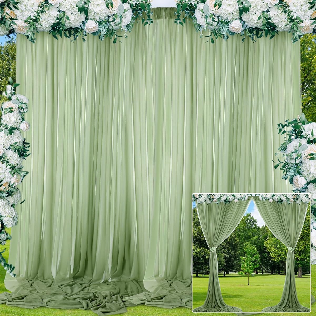 BBTO 2 Panel Green Background Curtain Sage Green Background Polyester Window Curtain for Wedding/Party/Birthday/Bridal Shower Decoration 5ft x 10ft