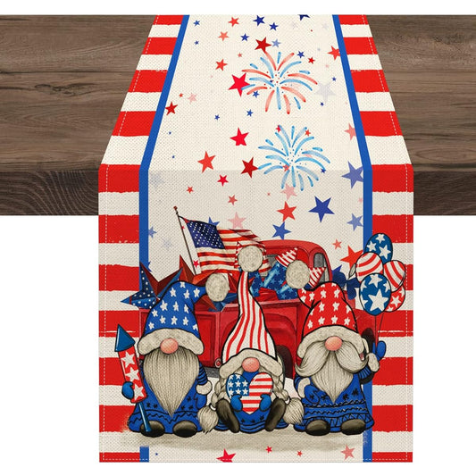 4th of July Gnome Table Runner 13x72 Inches Length Patriotic Gnome Truck Table Runner Home Kitchen Dining Room Holiday Party Coffee Table Decor Independence Day Indoor Outdoor