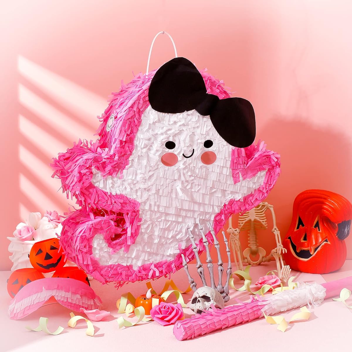 3 Pieces Halloween Party Ghost Pinata Pinata with Pinata Sticks and Blindfold Pink and Black Halloween Pinata Theme Stuffed Pinata for Candy Toy Kids Girls Birthday Festival Halloween Party Supplies