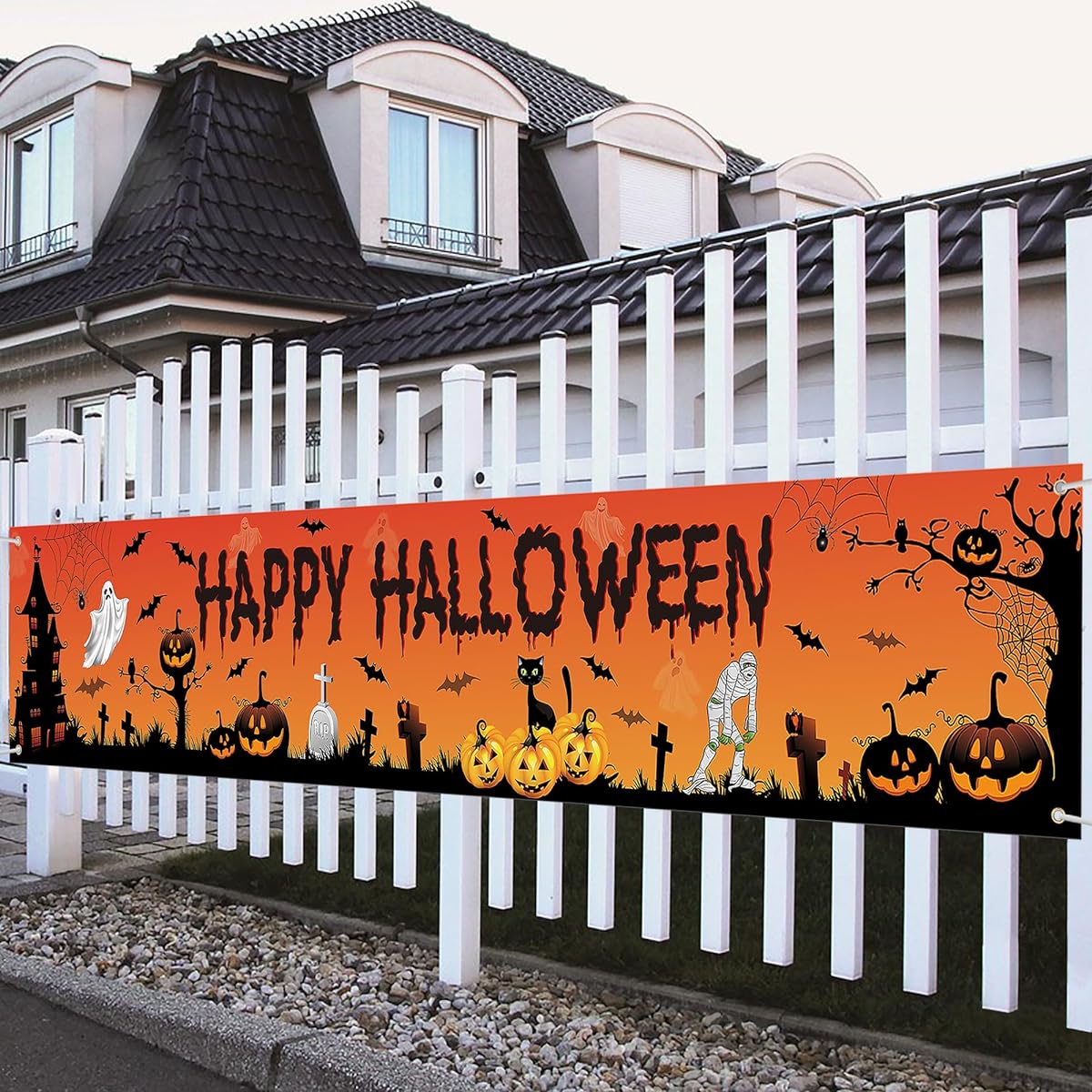 Lucleag Happy Halloween Banner 118.1 x 19.6 Inch Large Black Cat Ghost Pumpkin Banner Halloween Outdoor Fence Decoration Trick or Treat Banner Photography Backdrop Halloween Party Supplies