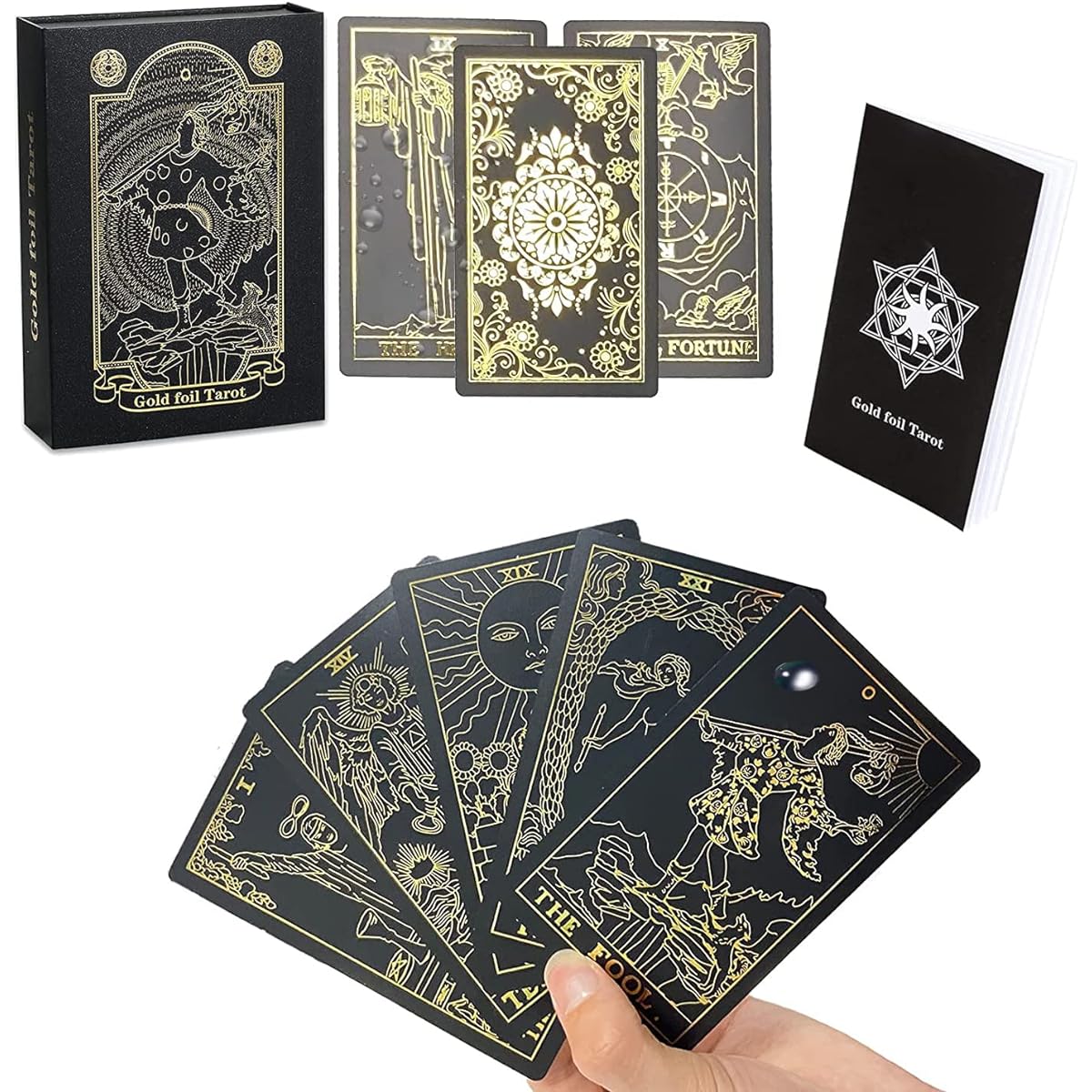 VOVCIG 78 Tarot Cards with Guidebook, Black Tarot Cards for Beginners Tarot Deck Set, PVC Waterproof Tarot Cards Divination Tools (Standard Size, Black)