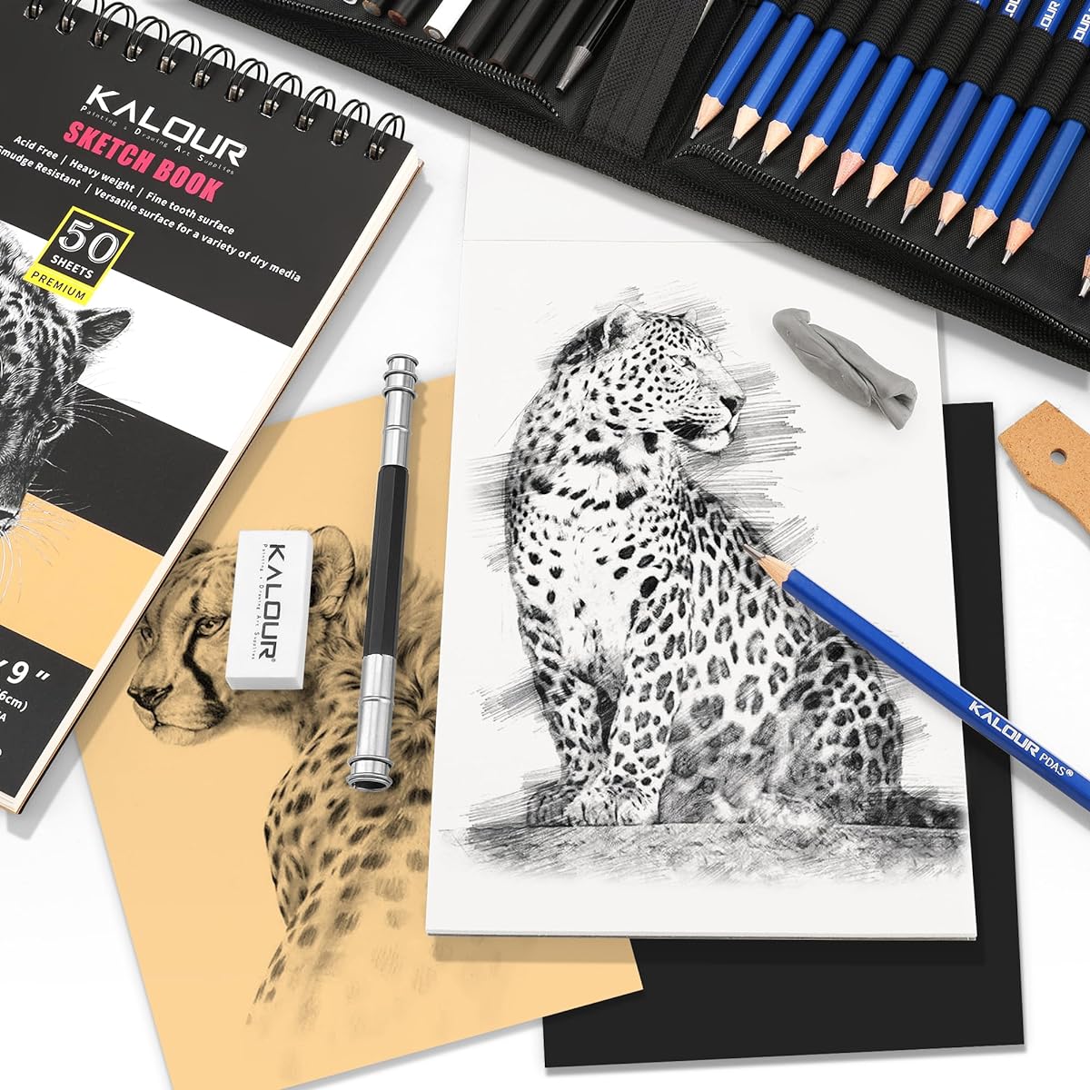 KALOUR PDAS Drawing Set Sketch Kit Sketch Supplies 3 Color Sketchbook Graphite & Charcoal Pencils A5 Sketchbook Tutorial Pro Art Drawing Kit for Artists/Adults/Beginners