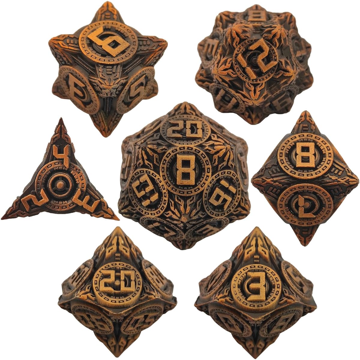 AHDKEJG Metal D&D DND Dice Set Dungeons and Dragons D20 Polyhedral Role Playing Dice 7pcs for RPG MTG D Pathfinder Board Game with Black Storage Bag Antique Gold
