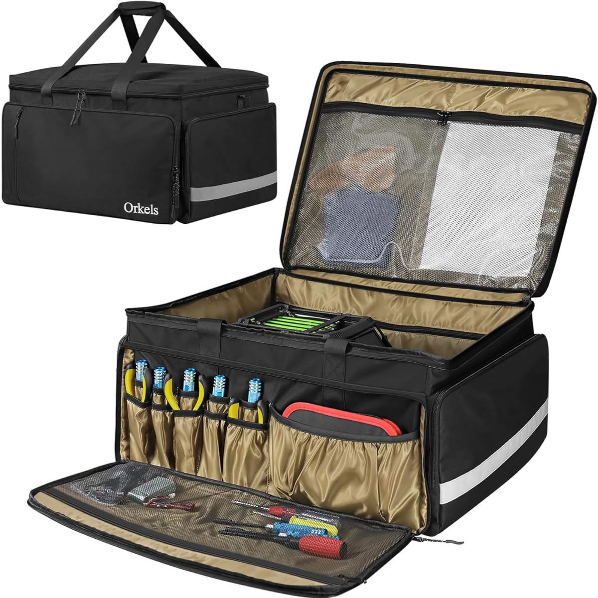 ORKELS RC Storage Bag for 1/8 & 1/10 Cars RC Carrying Case with Bottom Clapboard RC Car Bag with Multi Pockets for Tools and Other Accessories Black