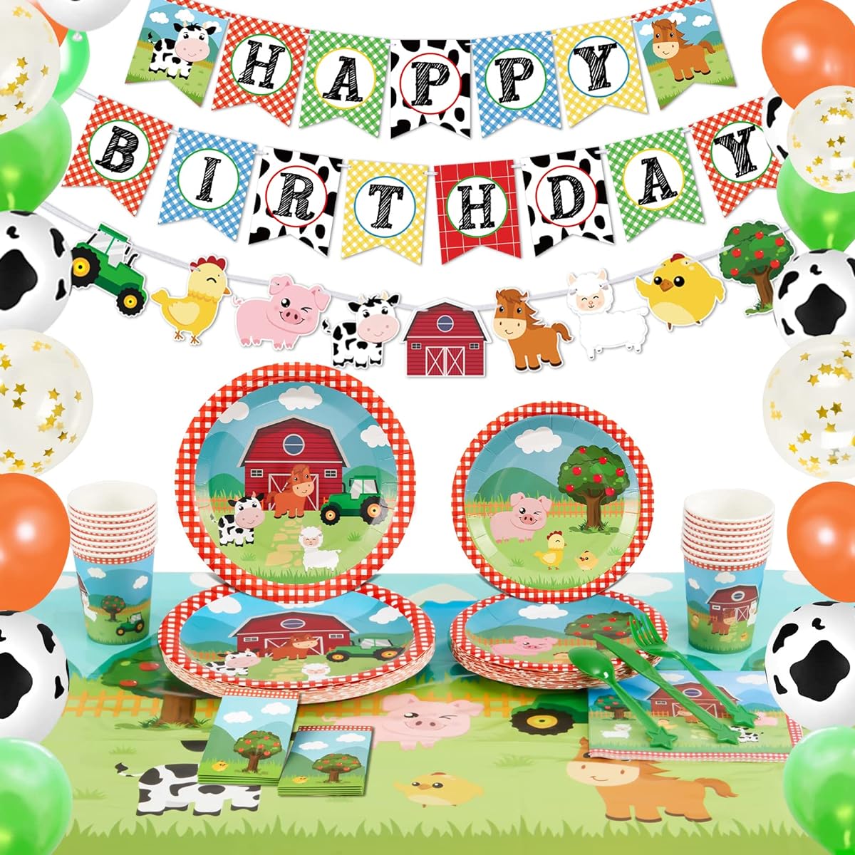 WERNNSAI Farm Birthday Party Supplies - 153Pcs Barnyard Animals Party Decorations for Kids, Birthday Banner, Balloons, Tablecloth, Plates, Cups, Napkins, Spoons, Forks, Cutlery, Tableware, Serves 16 Guests