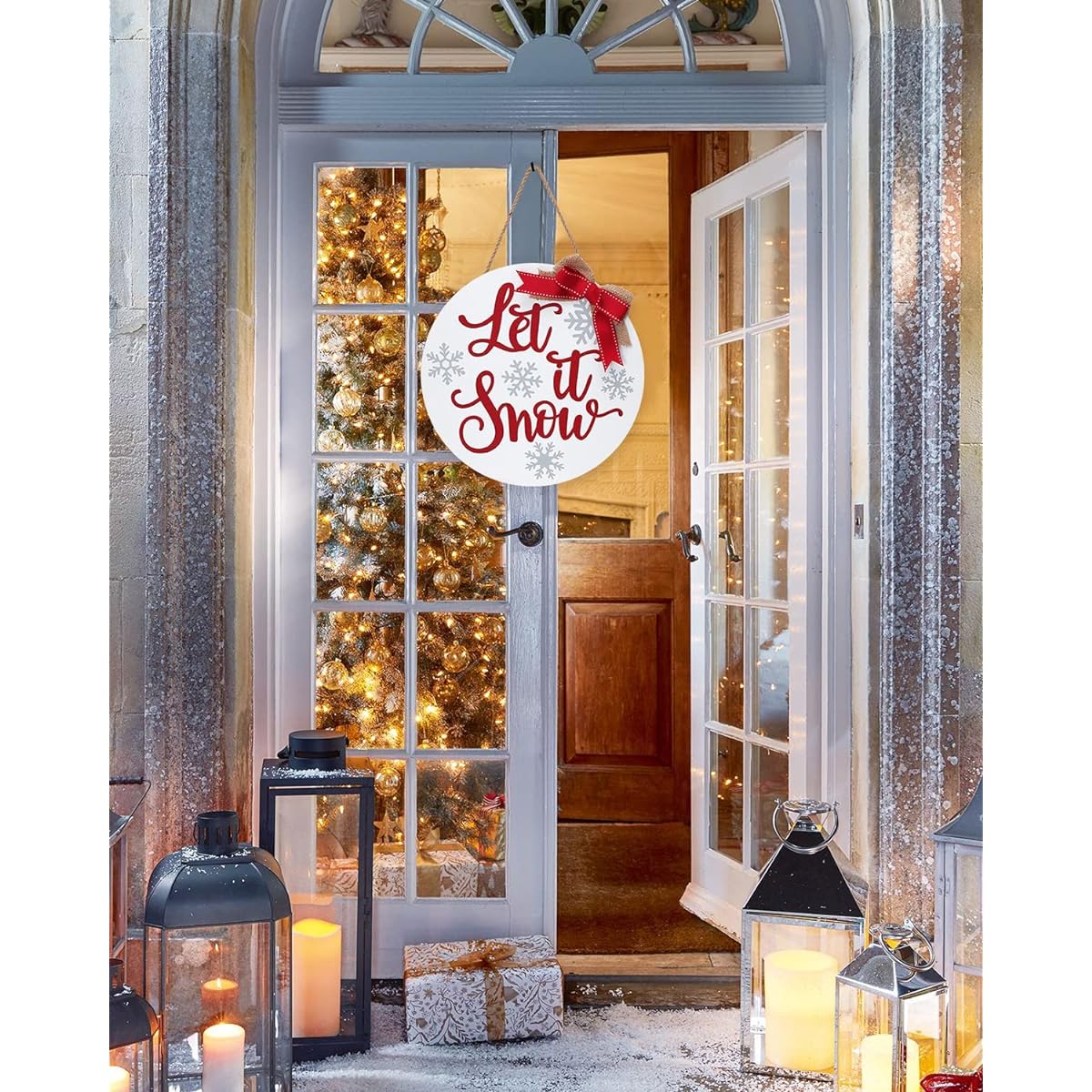 Winter Door Sign Let It Snow Door Decor Christmas Front Door Decor Snowflake Farmhouse Wooden Door Hanger Rustic Holiday Wreath Welcome Sign