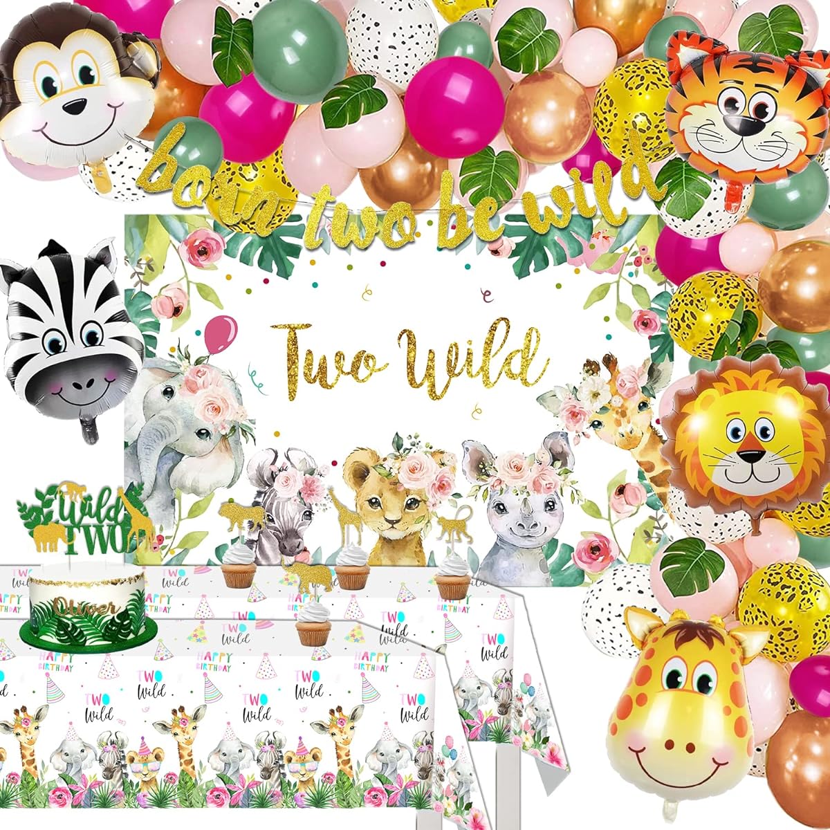GREPARPY 2nd Birthday Party Supplies - Born Two Be Wild Banner, Backdrop, Cake Topper, Tablecloth, Cupcake Stand, Balloons for Safari Birthday Decorations