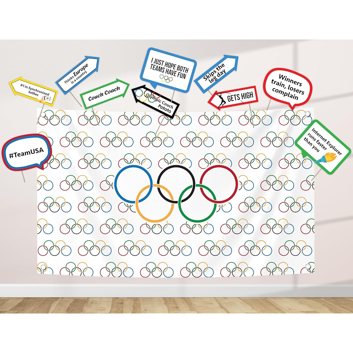 Olympics Decoration Kit - Photography Backdrop & 10 Studio Selfie Photo Booth Props - Rings International Countries Sports Games Boys Theme Studio Background Banner Funny Supplies