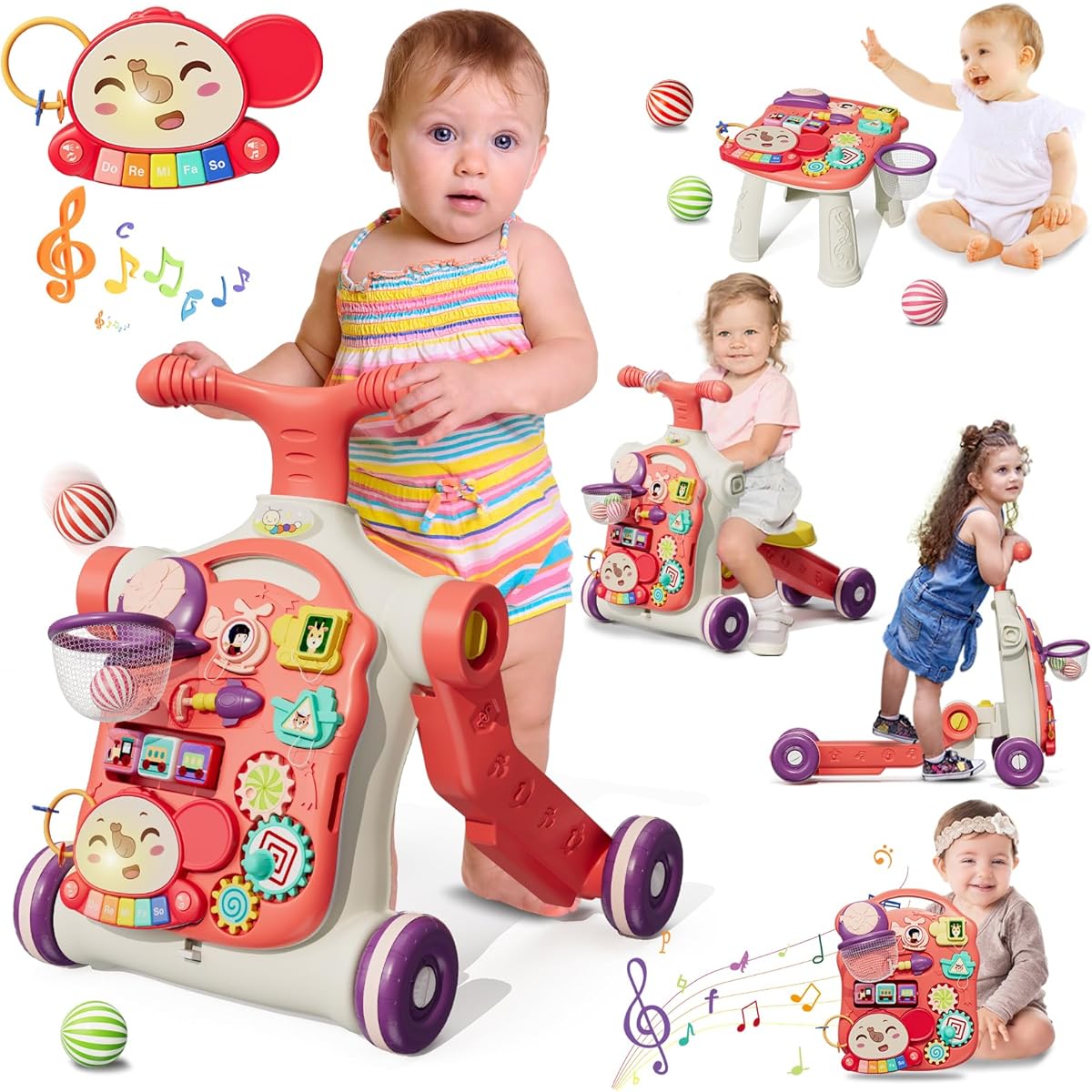 HYES Upgrade 5-in-1 Baby Walker Activity Center for Baby Girls, Learn to Walk, Sit to Stand, Early Learning Push Toys for Toddlers 6-12 Months, Walking Toys, Christmas Gifts for Toddlers Girls, Red