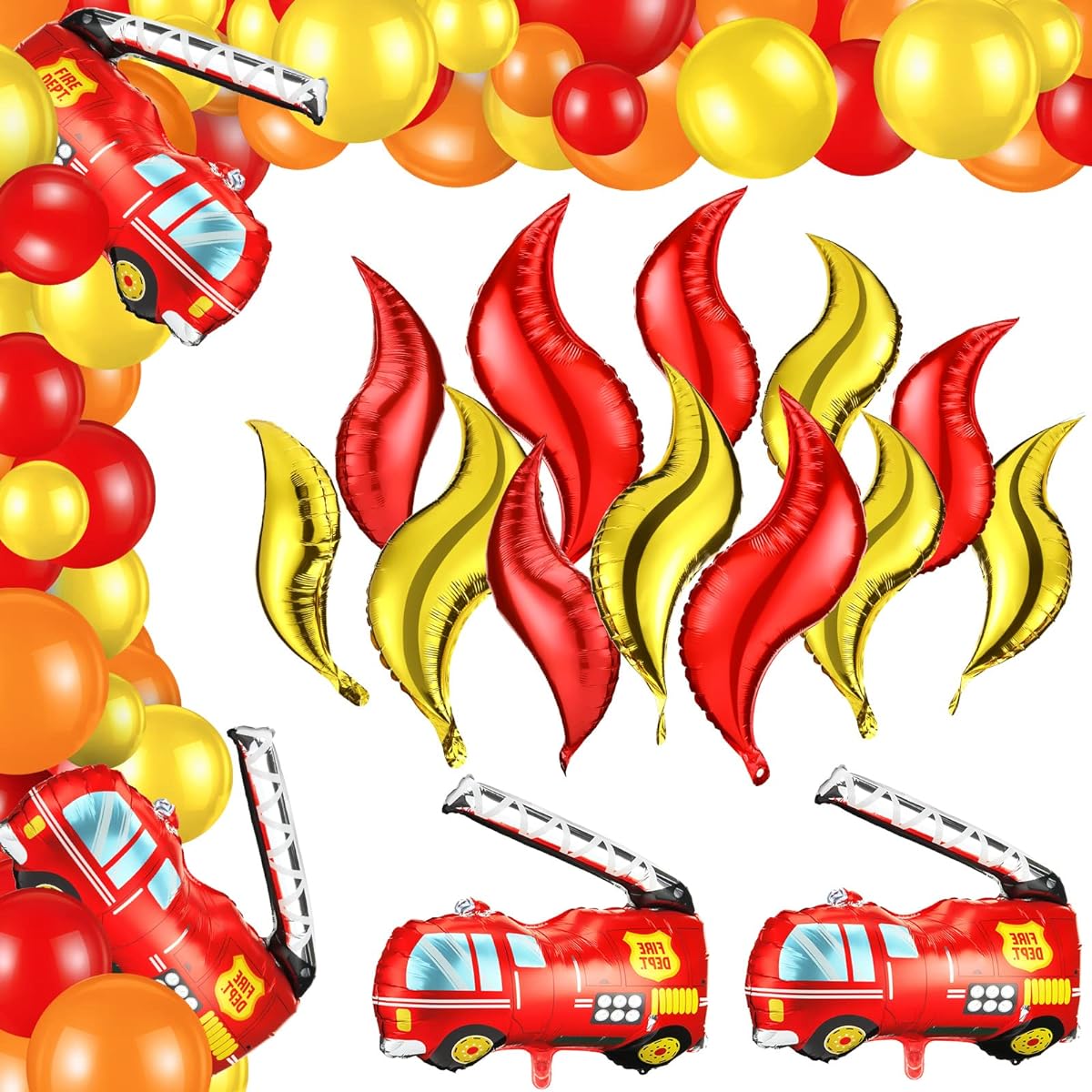 Fire Truck Party Decorations Set, 89 Pieces Fire Engine Birthday Balloons, 2 Pieces 24 Inch Foil Flame Balloons, 14 Pieces Red Orange Yellow Latex Balloons, Boys Rescue Theme Party Supplies