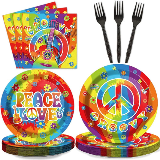 96 Piece 60's Party Hippie Tableware Set Groovy Hippie Plates Napkins 60's Hippie Theme Party Decorations Peace Love Tie-Dye Style Disposable Paper Tableware Birthday Party Favors Serves 24