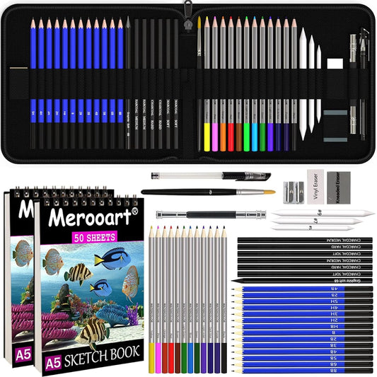 d Pencil Set with Two 50-Page Sketchbooks, Sketch Pen Set in Black Zipper Case - Professional Watercolor Pencils for Adults/Kids, Pros/Beginners, Durable Art Pencils for Coloring