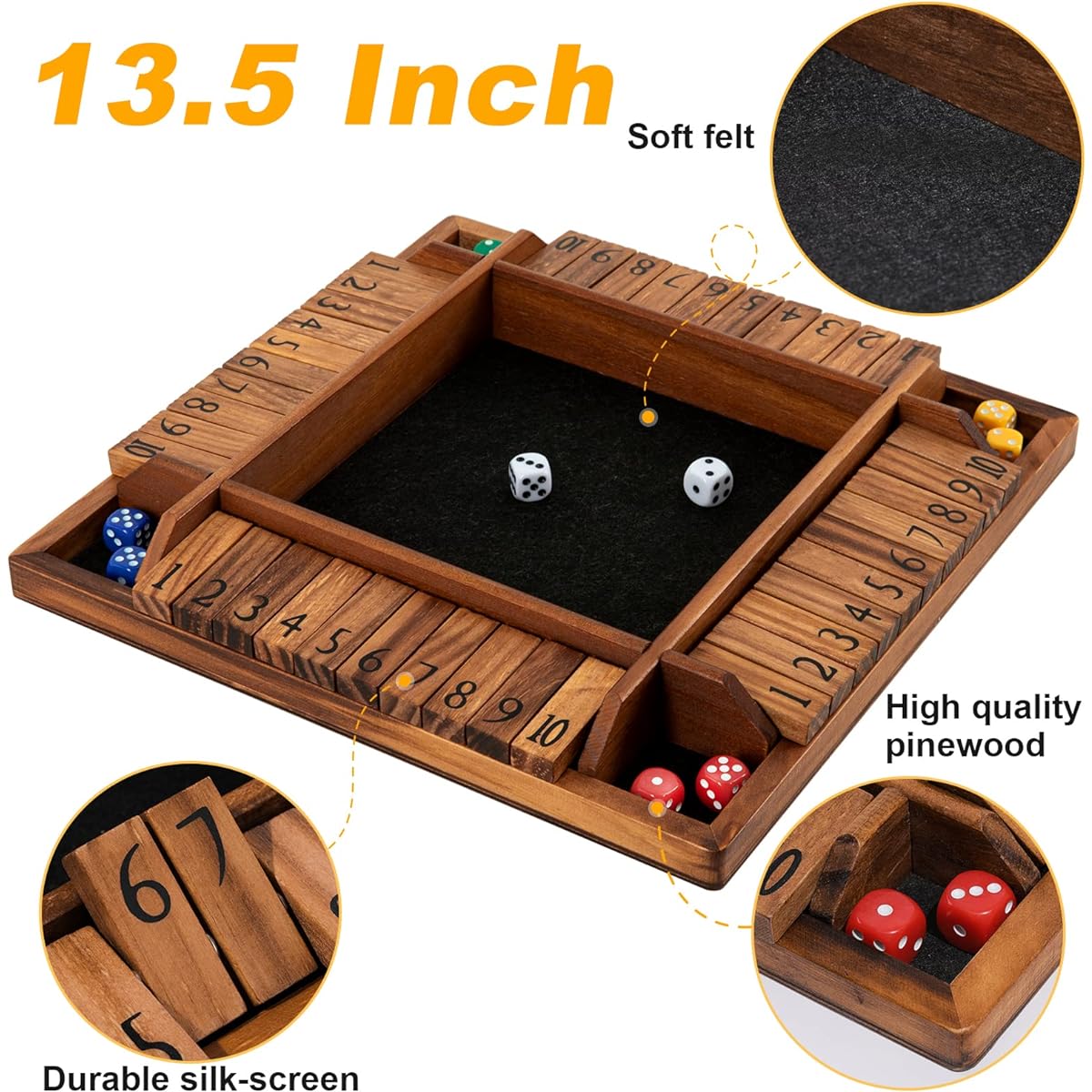 Crobyi 13.5" Large Shut the Box Game for 1-4 Players Educational & Fun Wooden Board Game with 10 Dice and Shut the Box Instructions Great Pub Dice Game for Kids & Family Adults