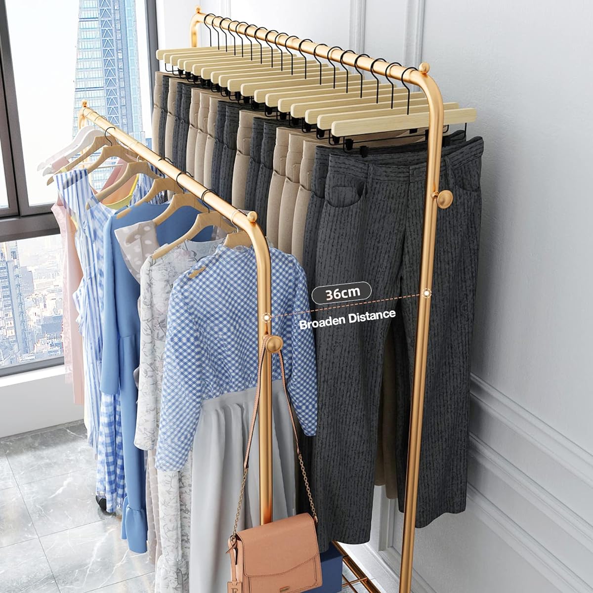Thick Forest 2 Tier Clothes Rack with Casters Clothes Rack Rolling Rack Metal Rolling Clothes Rack with 2 Tier Shelves Clothes Storage Organizer (Gold)