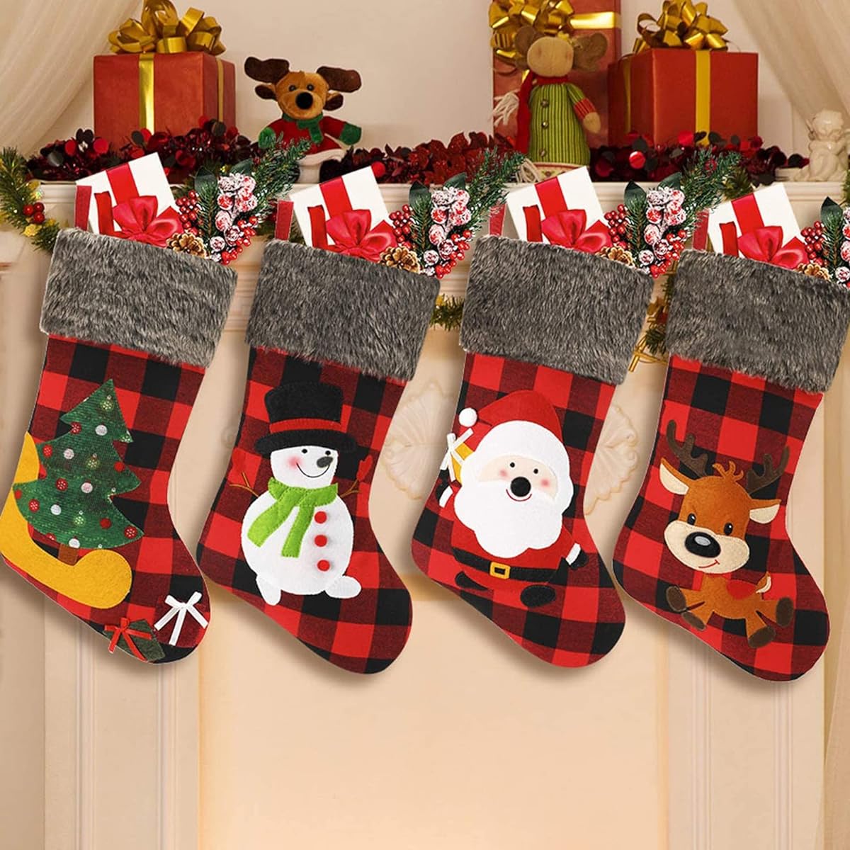 Skylety Christmas Plaid Stockings Long Faux Fur Stockings Christmas Fireplace Hanging Stockings for Christmas Tree Home Party Decoration Set of 4