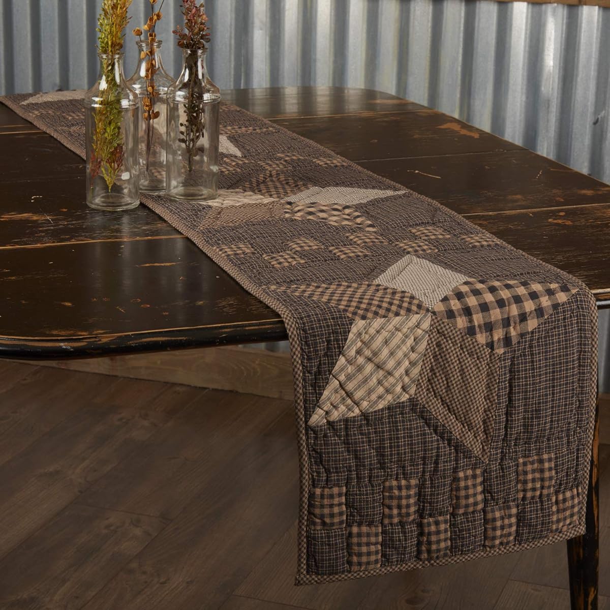 VHC Brands 56687 Farmhouse Star Cotton Primitive Tabletop Kitchen Patchwork 13x72 Runner, Charcoal Black