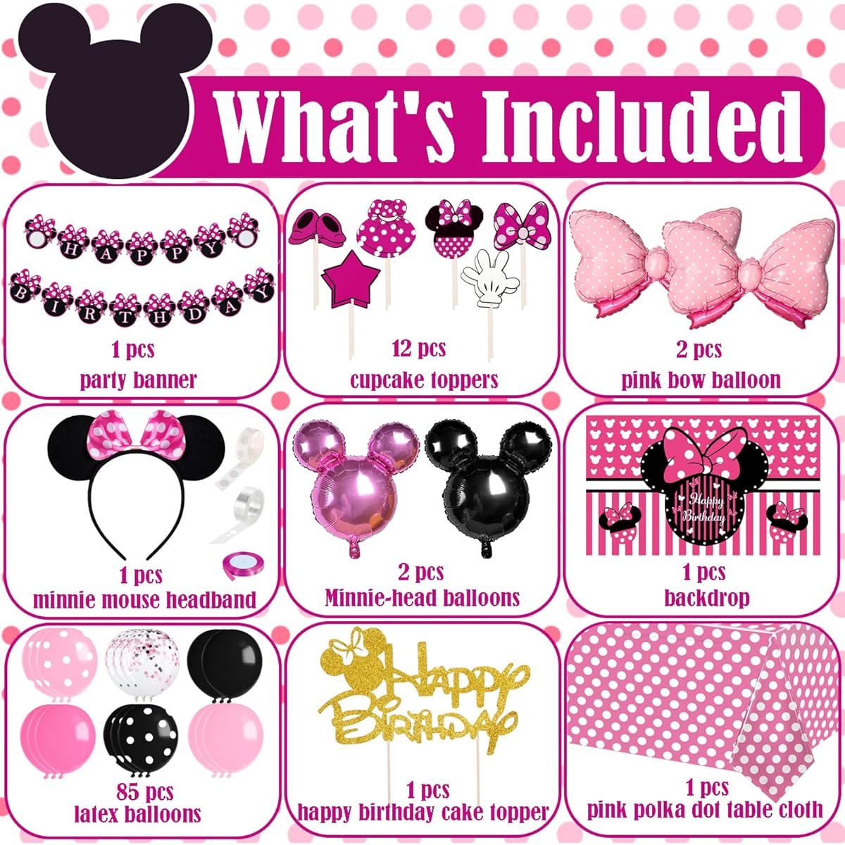 Pink Mouse Birthday Decorations Party Supplies for 1st 2nd 3rd Year Old Girls Baby Shower Pack (109 Pieces Backdrop, Tablecloth, Banner, Headband, Foil Balloons, Balloon Garland Arch Kit)