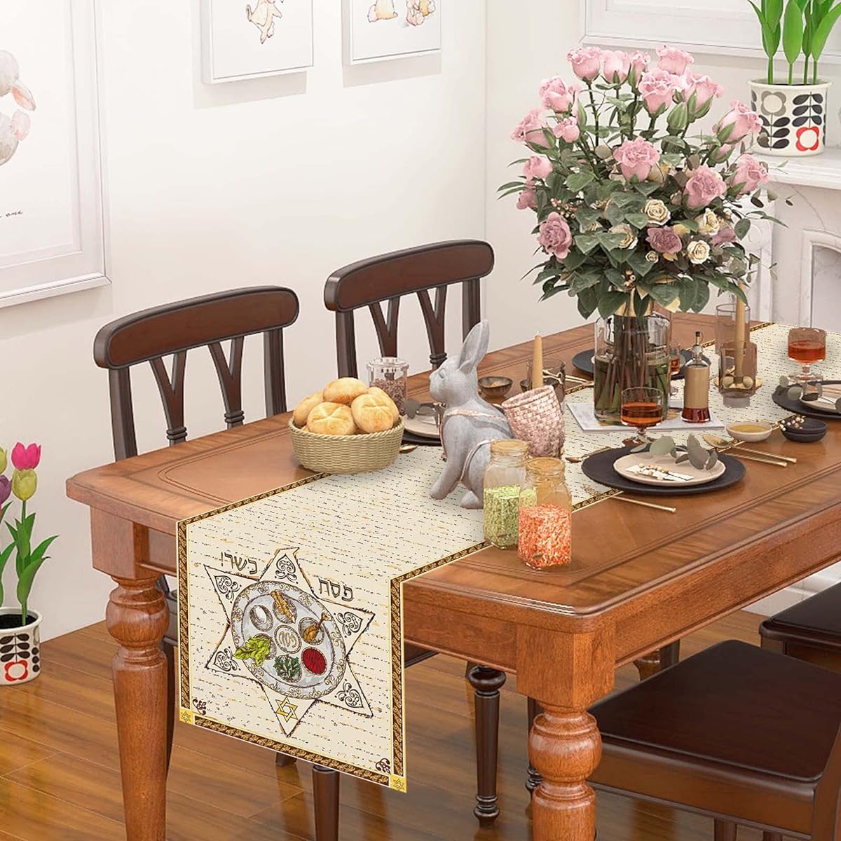 FARMNALL Linen Passover Table Runner, Passover Decorations, Pesach Star Matzah Tablecloth, Religious Jewish Festival Holiday Party, Home Kitchen Dining Room Table Runner, 13x72 Inch