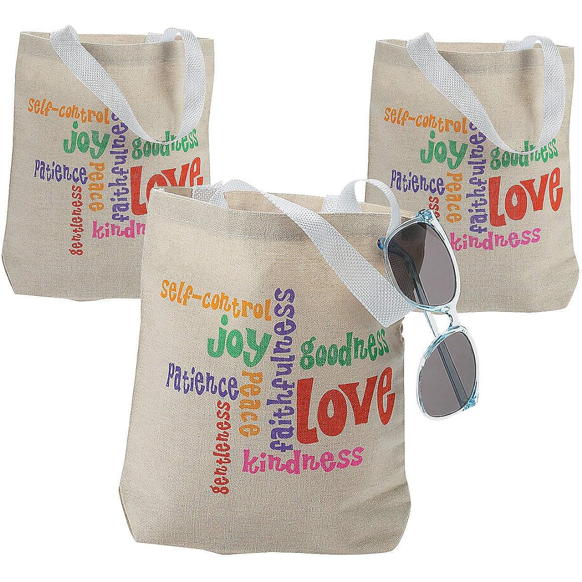 Fun Express Fruit of the Spirit Tote Bags Set of 12 Church Welcome & Gift Bags & Religious Supplies, Multicolor, Small