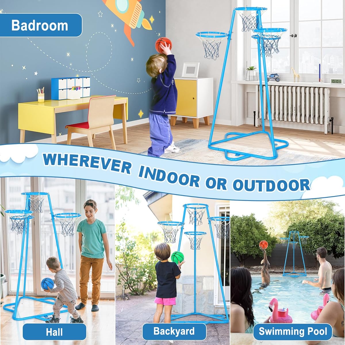 Raylinyee Kids Basketball Hoop Portable Basketball Stand Toy Basketball Indoor Outdoor Portable Basketball with 4 Hoops of Various Heights and 3 Balls Toy Set for Ages 3+ (Pale Blue)