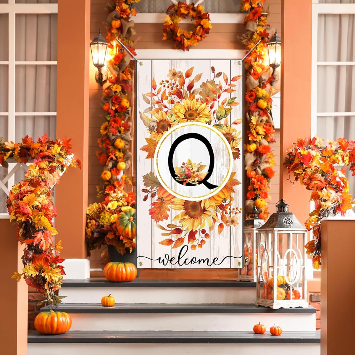 SENSEVEN Monogram Letter Q Flag Door Banner Large Fall Thanksgiving Sunflower Initial Letter Door Cover Family Last Name Initial Fall Welcome Porch Sign Door Decor Backdrop Banner 71 x 35.4 Inch Q