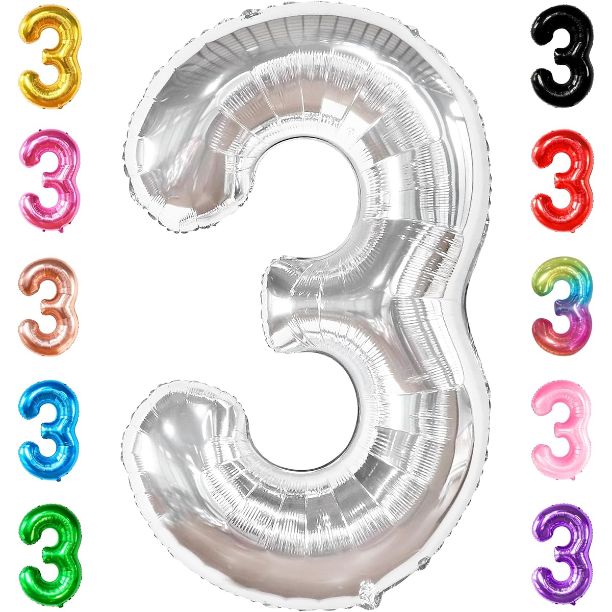 Giant, 40 Inch Silver Number 3 Balloons - 3 Mylar Balloons | 3rd Birthday Decorations | 3rd Birthday Decorations | Silver 3 Balloon Number 3rd Balloon Birthday | Silver 3rd Birthday Decorations for Boys