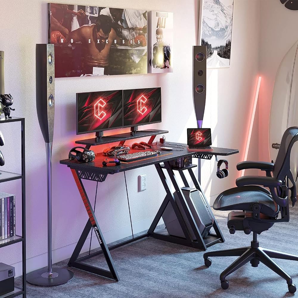 CubiCubi Gaming Desk with LED, Storage Shelf, Monitor Stand, Outlet Included, L-shaped Desk, Stable, Stylish, Living Alone, Includes Hook, For Gaming, L-shaped Desk, Width 100cm x Depth 60cm, Black
