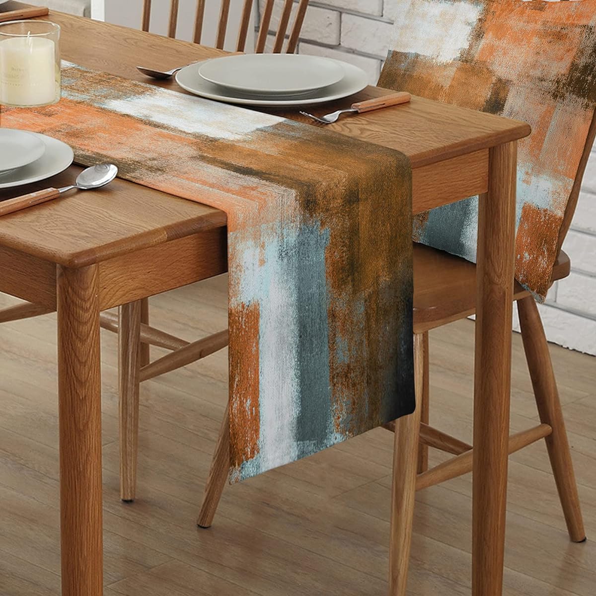 Bingigo Terracotta Abstract Art Table Runner Length 182.88cm Orange Brown Rustic Coffee Table Runner for Farmhouse Kitchen Dining Table, Holiday Party Dinner Decor 40.64x182.88cm