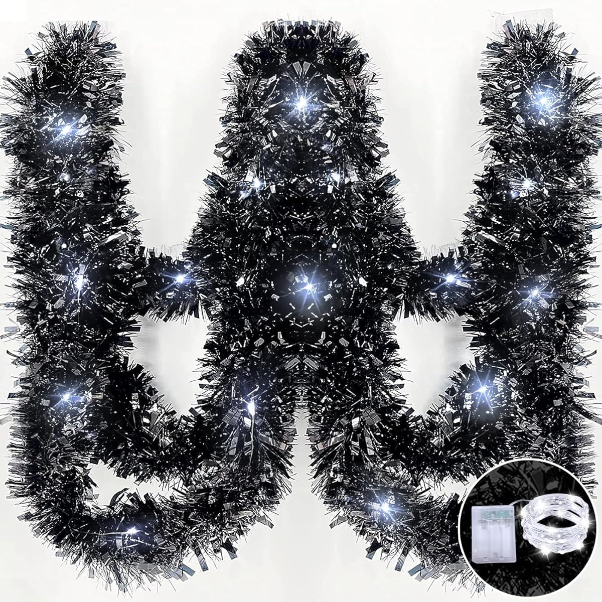 TURNMEON 30ft Christmas Black Tinsel Garland Decorations with 120 LED Lights, Christmas Thick Thin Shiny Metallic Tinsel Twisted Garland for Christmas Tree Decorations Home Indoor Outdoor Party Supplies