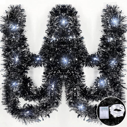TURNMEON 30ft Christmas Black Tinsel Garland Decorations with 120 LED Lights, Christmas Thick Thin Shiny Metallic Tinsel Twisted Garland for Christmas Tree Decorations Home Indoor Outdoor Party Supplies