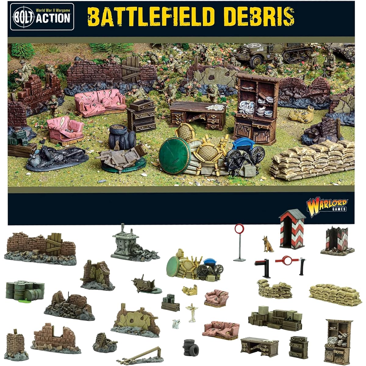 Warlord Games - Bolt Action Debris of Battle 28mm Miniature Scenery with 3 Military Checkpoints, Destroyed Home & Wall, Sandbag and Digital Bundle - WW2 Diorama Model Kit