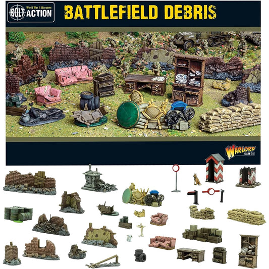Warlord Games - Bolt Action Debris of Battle 28mm Miniature Scenery with 3 Military Checkpoints, Destroyed Home & Wall, Sandbag and Digital Bundle - WW2 Diorama Model Kit