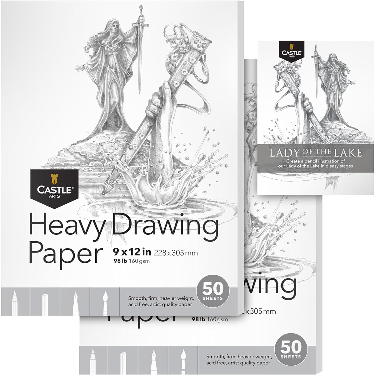 Castle Art Supplies Heavy Drawing Sketch Pad Paper 9 x 12 Inch | 2 Pack | 50 Sheets Each (160gsm/99lb) Extra White Smooth Artist Paper | Acid Free | The Go-To Pad for All Artists (9 x 12, 2 Pack)