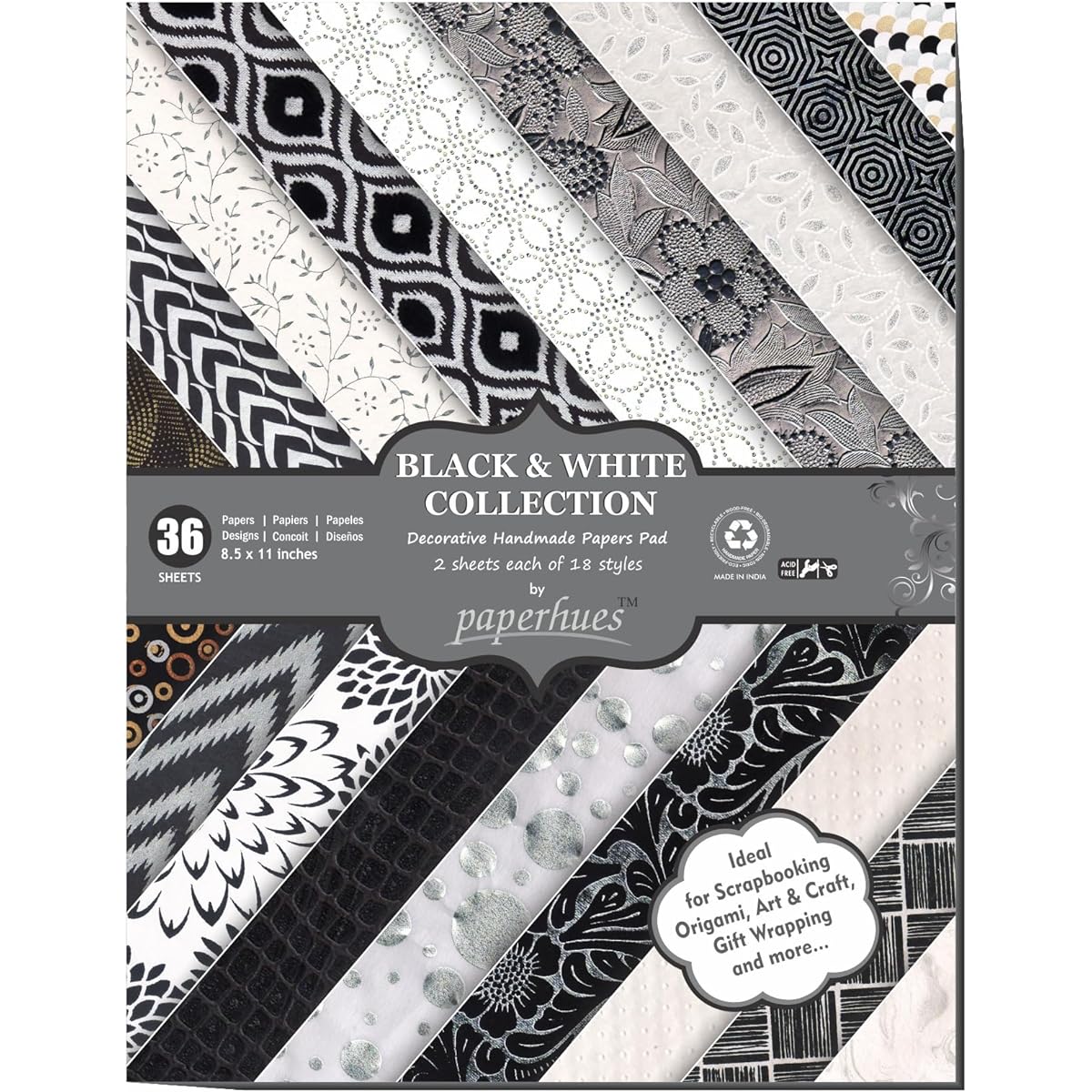 Paperhues Black & White Collection Handmade Scrapbook Paper 8.5 x 11 Inch Pad of 36 Sheets (2 of Each of 18 Styles)
