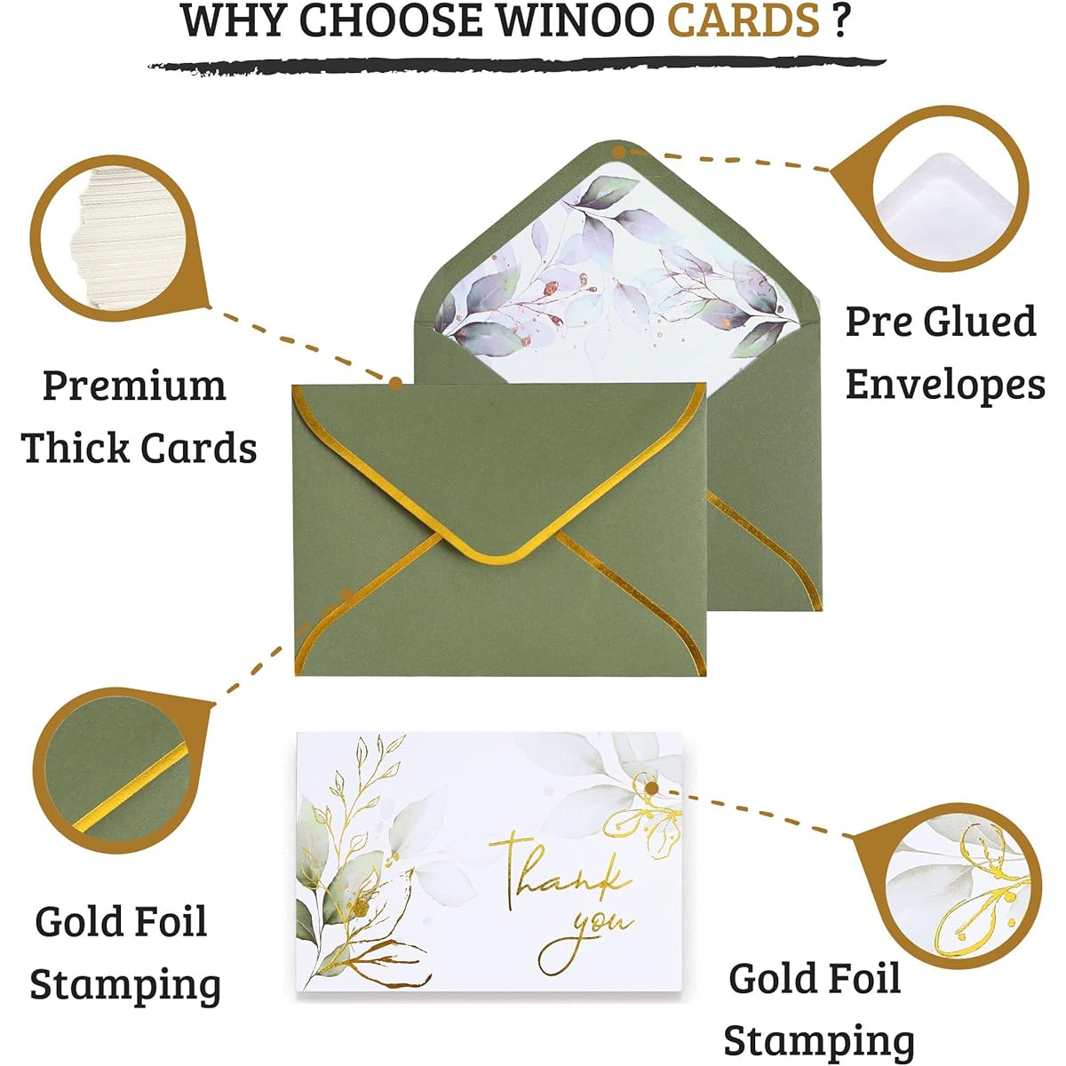Sage Green Thank You Cards with Envelopes - Bulk Purchase of 100 - Gold and Green Wedding Thank You Cards, Baby Shower, Thank You Notes, Bridal Shower, Small Business, Birthday
