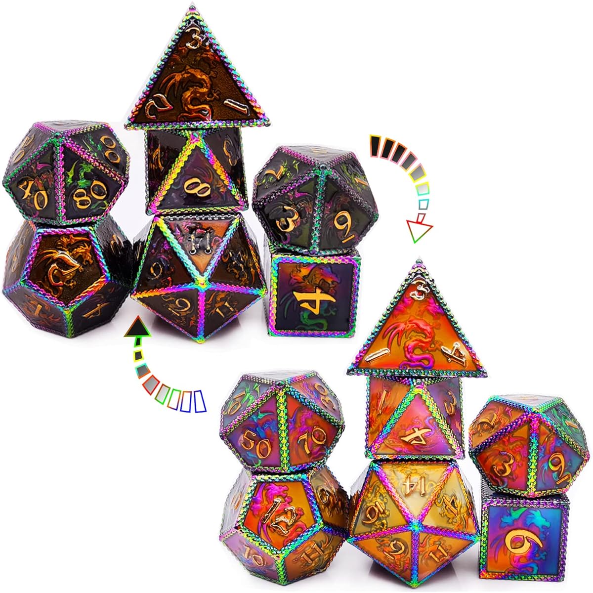 HAOMEJA Color Changing Temperature Metal Dragon DND Dice Set D&D Dice Set Role Playing Dice for Dungeons and Dragons Black Transition Colorful