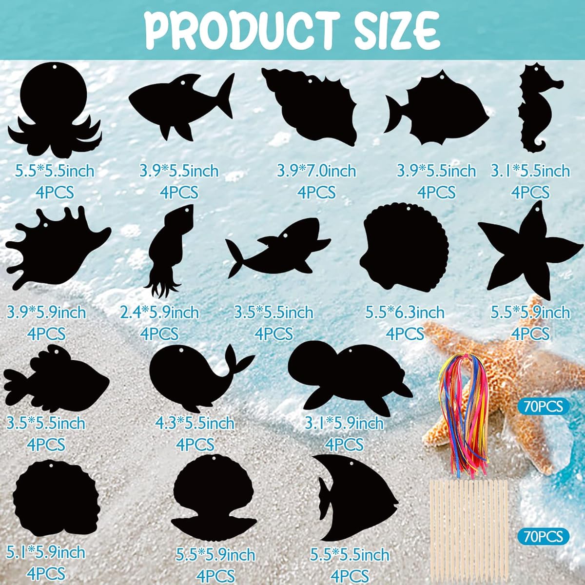 64 Pieces Sea World Theme Scratch Cards Rainbow Color Scratch Craft Art Cards Shell Dolphin Starfish Turtle Scratch Card Art Kit 70 Pieces Wooden Stylus Ribbon for Classroom DIY Art Craft Party Favors
