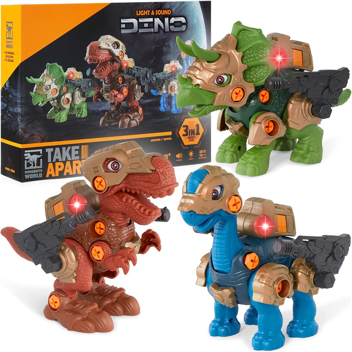 Best Choice Products Toy Dinosaur 3 Pack 86 Piece Take Apart STEM Dinosaur Set for Kids with Triceratops T-Rex Armor, Lights, Sounds, Movable Interchangeable Parts, Multicolor