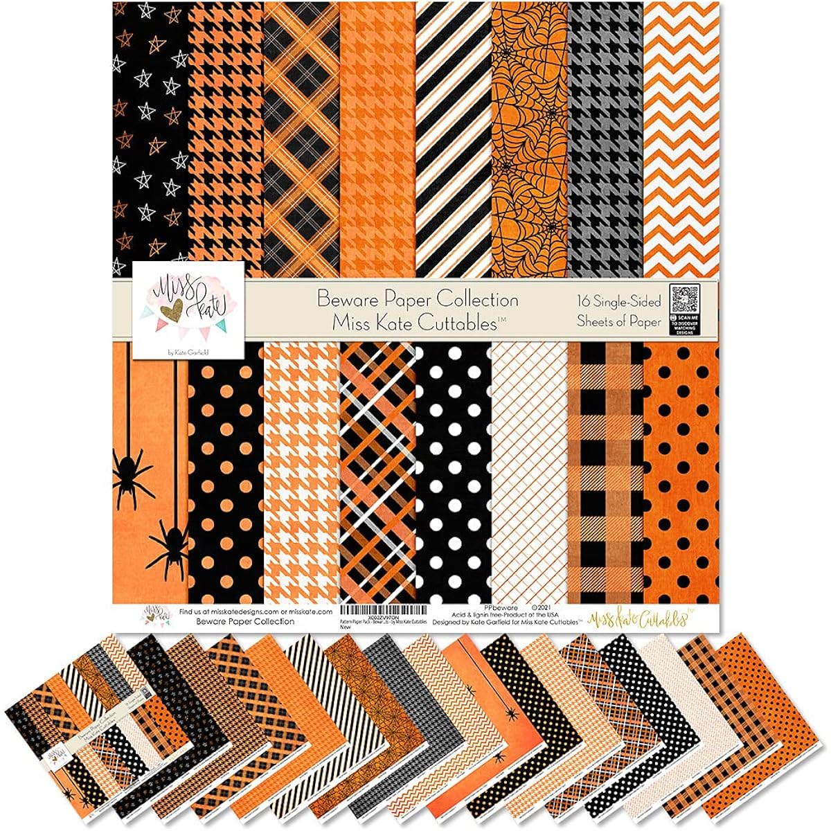 Miss Kate Cuttables Pattern Paper Pack - Beware - Halloween - Scrapbook Premium Specialty Paper Single Sided 12"x12" Collection of 16 Sheets