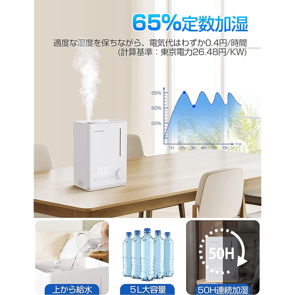 VAGKRI Humidifier Electrolytic Humidifier, Ultrasonic Type, 28 dB Ultra Quiet, Tabletop Humidifier, Water Supply, 50 H Continuous Operation, LED Light, Timer, Aroma, Hypochlorous Acid Water