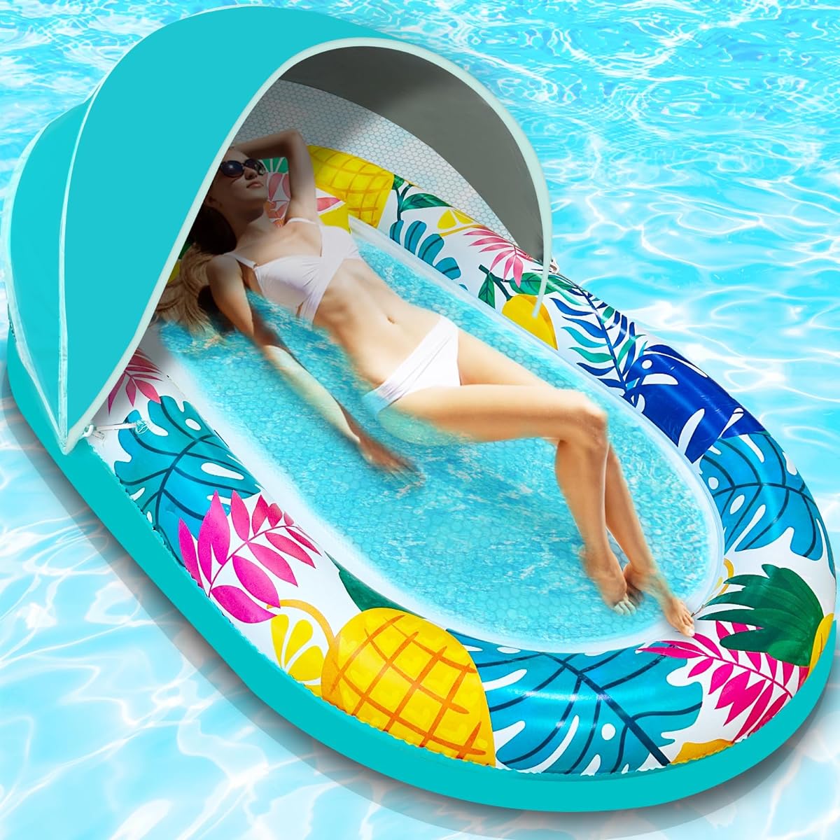 [Extra Large] Inflatable Pool Float 70"x37" for Adults with Headrest & Removable Canopy UPF50+ Sun Bath Tub Pool Float Floating Chair