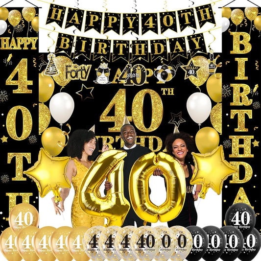 40th Birthday Decorations Banner Kit for Men and Women, 31pcs Black Gold 40th Birthday Banner Balloons Hanging Swirls Set Party Supplies